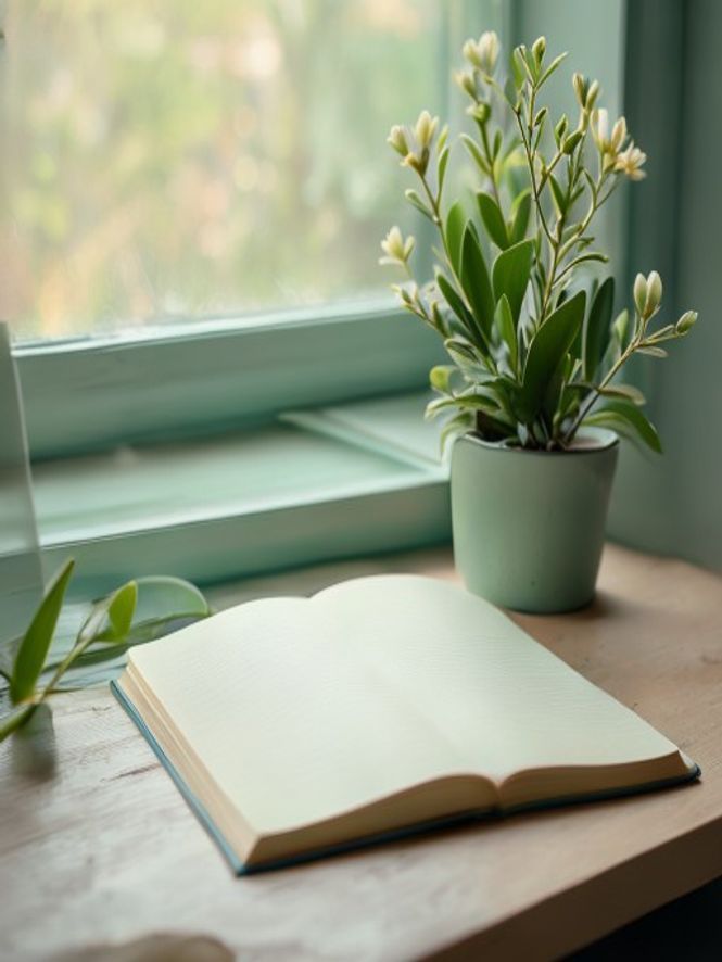 Rustige werkruimte met notitieblok en groene plant